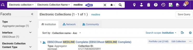 Screenshot of an electronic collection search in Alma by electronic collection name.