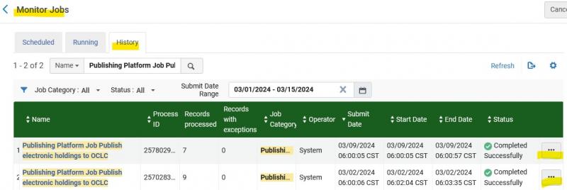 A screenshot in the Alma Admin Monitor Jobs History tab.