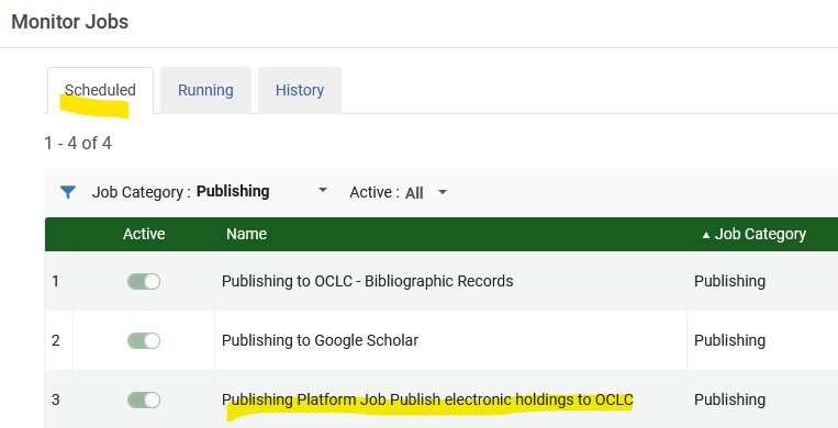 Screenshot of Scheduled Jobs tab in Alma.