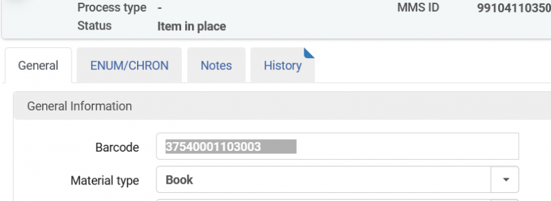 A portion of an Alma item record displaying the barcode field with the data selected. The barcode shows a value of "37540001103003" followed by several blank spaces.