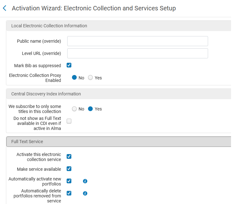 Screenshot of the Alma Activation Wizard for Electronic Collections.