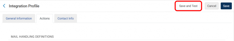 Integration Profile: Save and Test button highlighted