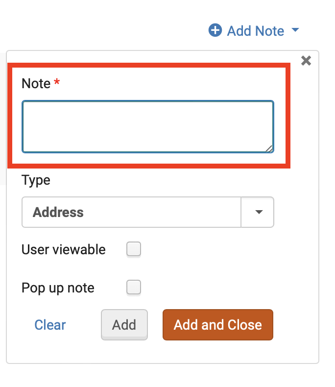 The add note drop down with the Note field highlighted