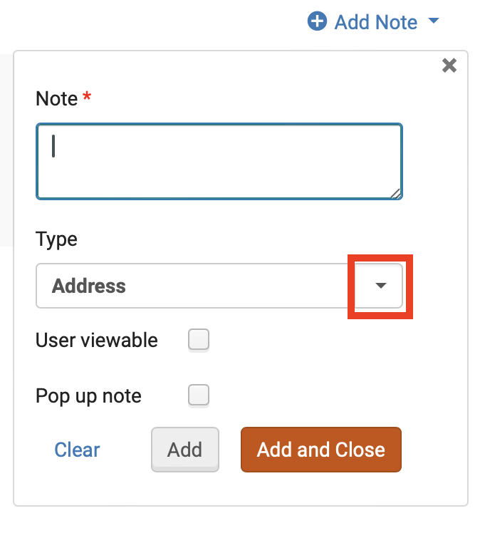 The add note drop down with the type drop down arrow highlighted