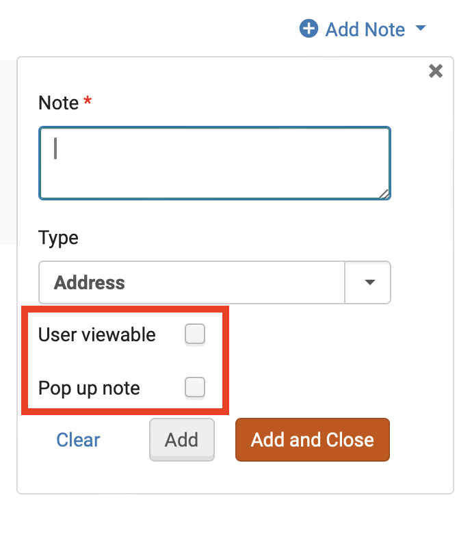 The add note drop down with the user viewable and pop up note boxes highlighted