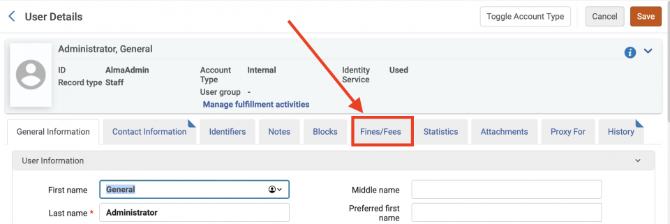 An image of the User Details screen with the Fines slash Fees tab highlighted