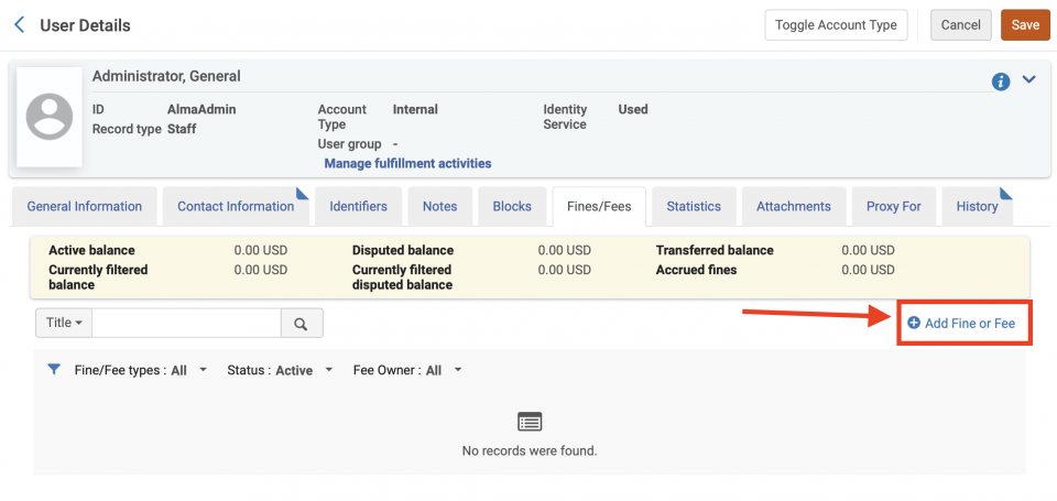 An image of the User Details screen with Add Fine or Fee highlighted