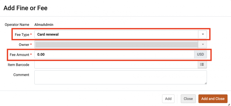 An image of the Add Fine or Fee screen with the Fee Type drop down arrow and Fee Amount field highlighted