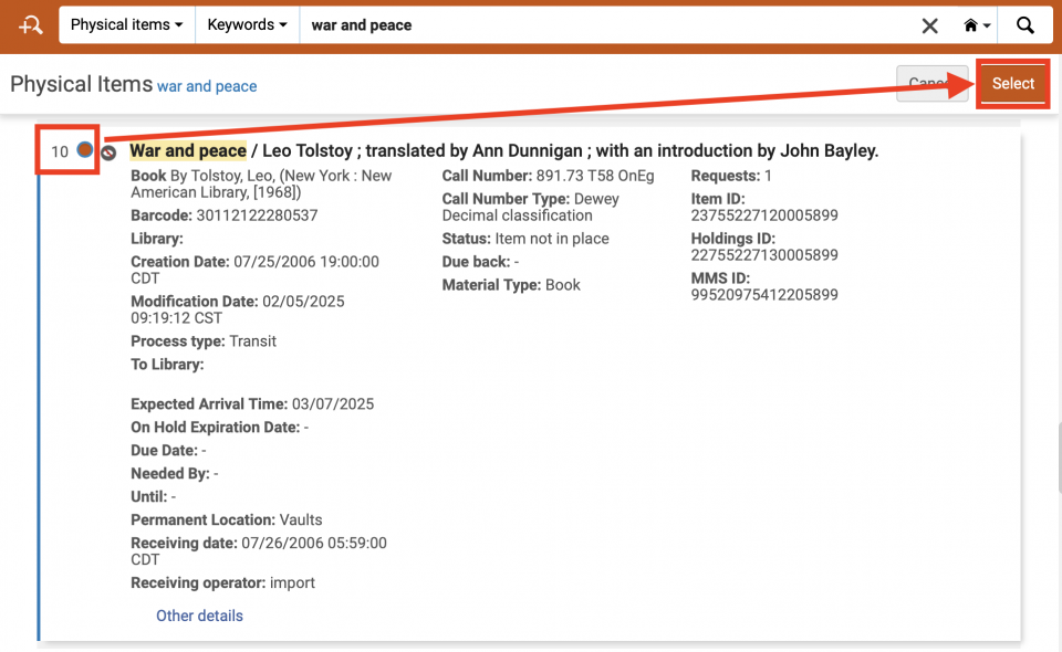 An image of an item record with the title and author (War and peace / Leo Tolstoy) highlighted