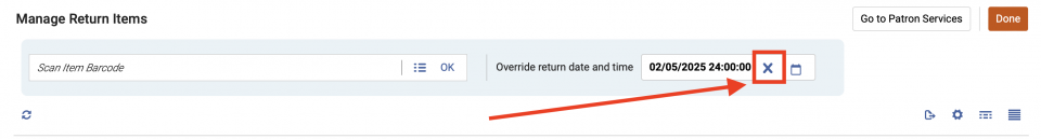 Override return date and time field with the X highlighted