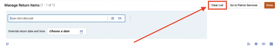 A section of the Manage Return Items screen with the Clear List button highlighted