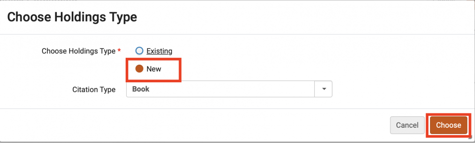 An image of the Choose Holdings Type screen with the New option and the Choose button highlighted