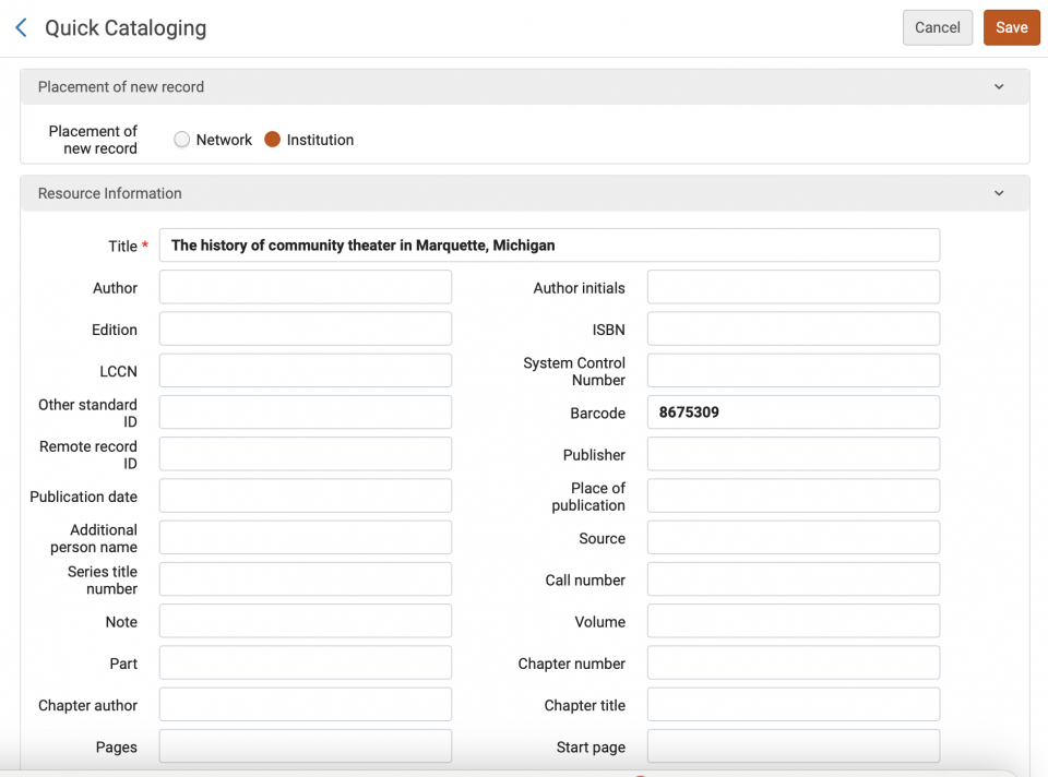 An image of the top half of the Quick Cataloging screen with the Title and Barcode fields filled out