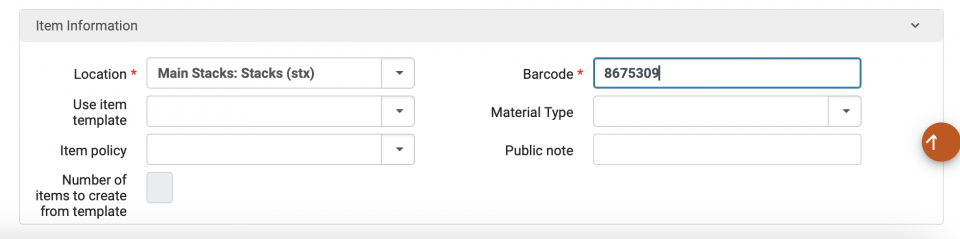 An image of the bottom half of the Quick Cataloging screen with the Location and Barcode fields filled out