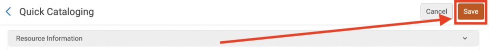 An image of a section of the Quick Cataloging screen with the Save button highlighted