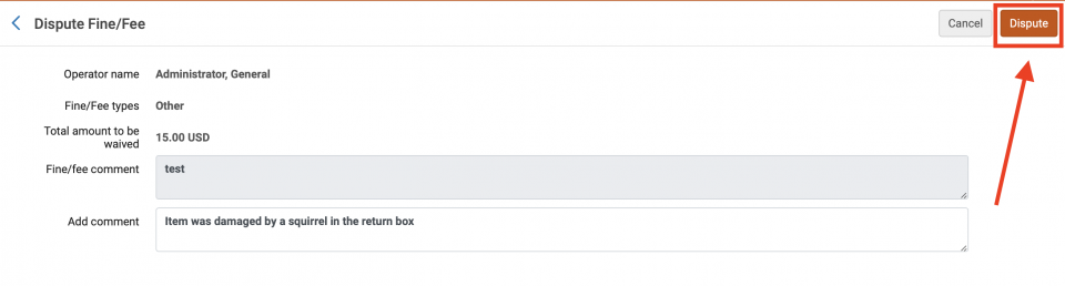 An image of the dispute fine slash fee screen with the dispute button highlighted