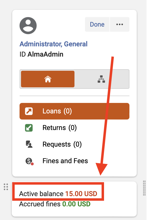 An image of the Patron Services screen with the "Active balance" section highlighted