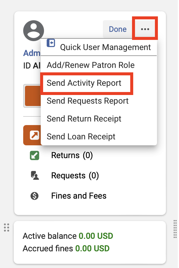 An image of the Patron Services screen with Send Activity Report highlighted