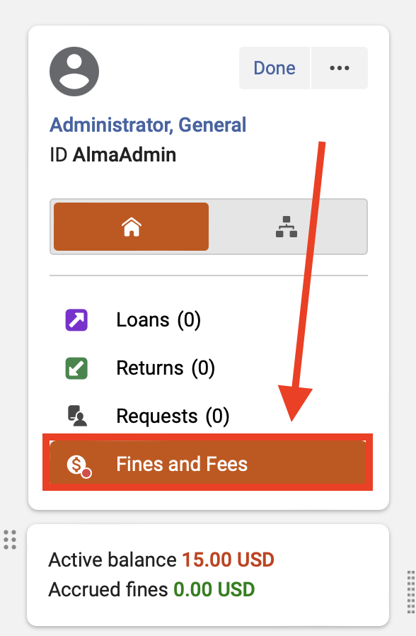 An image of the Patron Services screen with the "Fines and Fees" tab highlighted