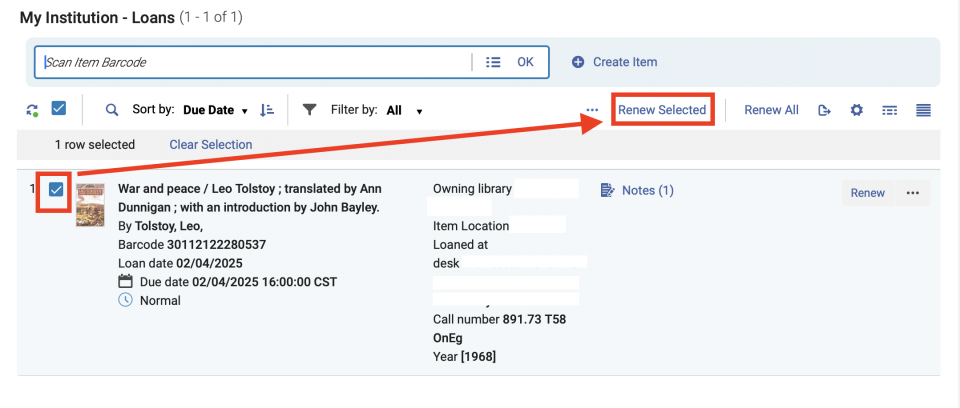 An image of a "Loan Display: All loans" screen with a selection box and the "Renew Selected" button highlighted