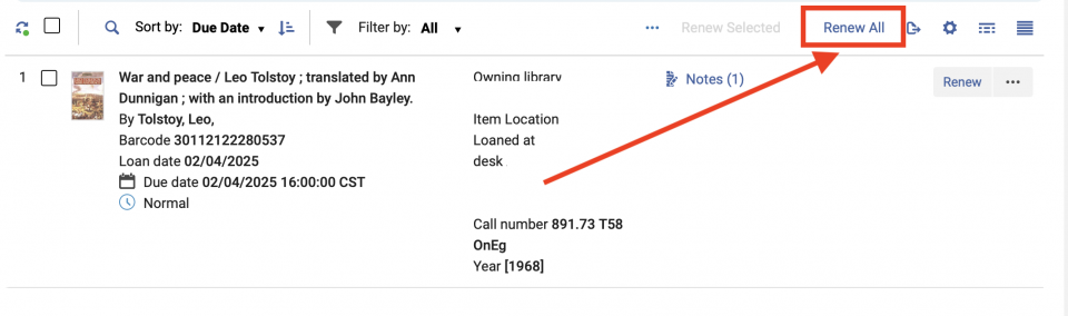 An image of the "Loan Display: All loans" screen with the top selector box and the "Renew All" button highlighted
