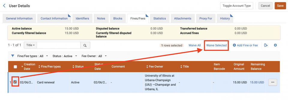 An image of the Fines slash Fees tab of the User Details screen with the item select checkboxes and "Waive Selected" highlighted