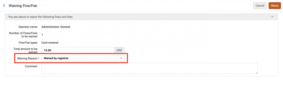 An image of the Waiving Fine slash Fee screen with the waiving reason drop down menu arrow highlighted