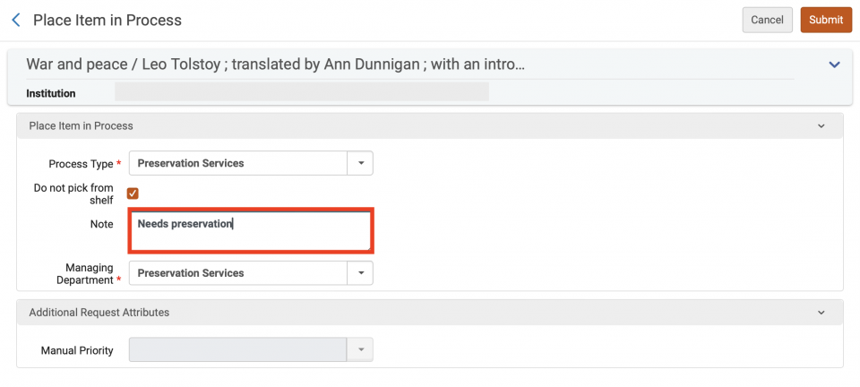 An image of the Place Item in Process screen with the Process Type, Note, and Managing Department fields populated and the Do not pick from shelf box checked