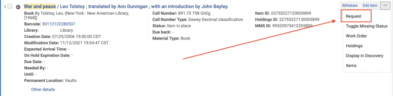 An image of an item record with the request button highlighted