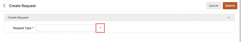 An image of the create request screen with the request type drop down arrow highlighted