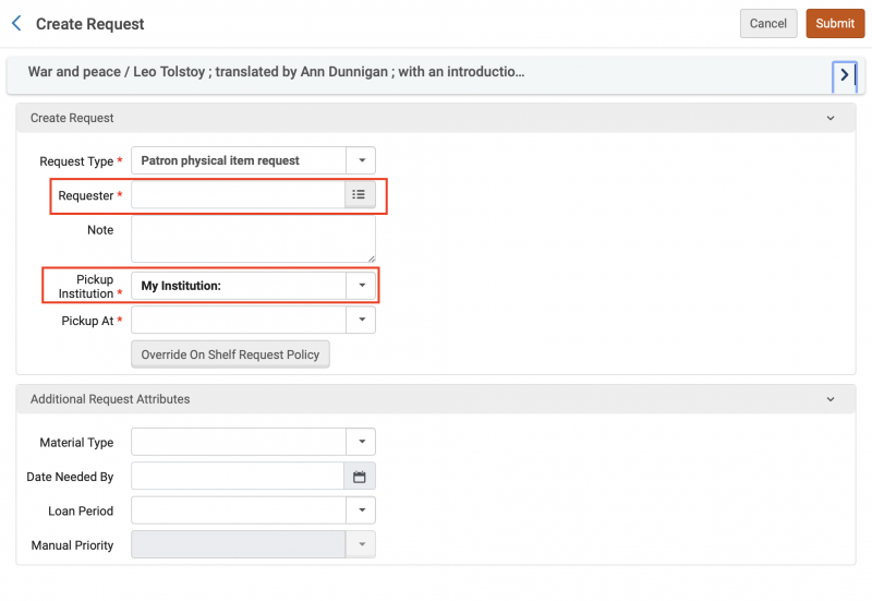 An image of the Create Request screen with additional fields and the Requester and Pickup At fields highlighted