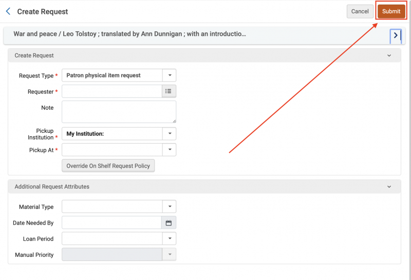 An image of the Create Request screen with the Submit button highlighted