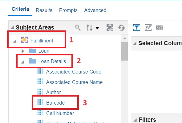 Screenshot shows an example Subject Area in Alma Analytics. The Subject area is denoted by the number 1, the Field Grouping is denoted by the number 2, and an individual field is denoted by the number 3.