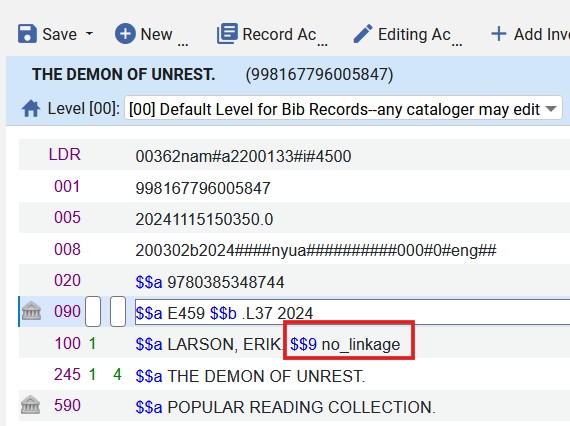 A brief MARC record with descriptive text in upper case; the cataloger has added $9 no_linkage to the 100 field.