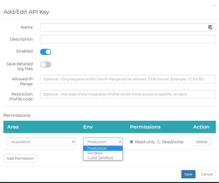 Image of the Add/Edit API Key screen where key names and permissions are set. The Add Permission button is in the lower left corner. The options list for ENV shows Production, Sandbox, and Guest Sandbox as options. The Save and Cancel buttons are in the lower right corner.