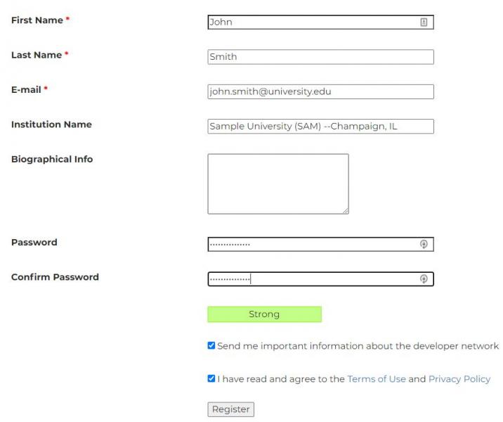 Image of the Developer Network user registration screen with sample values entered for first name, last name, email, and institution name.