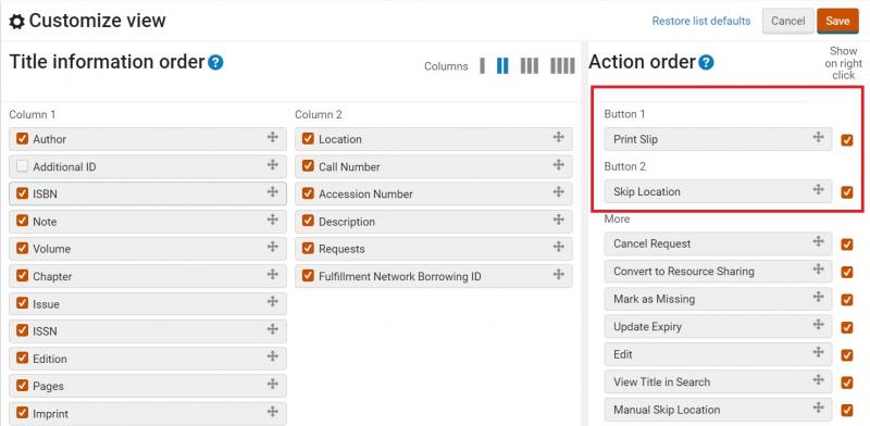 This screenshot shows the Manage Column Display customization options, with the Action Order section's Button 1 and Button 2 options highlighted.