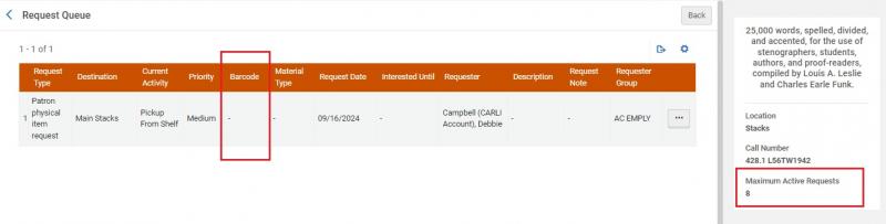 This screenshot highlights that the barcode column in the request information table is blank, and that in the title information area of the request, there is a field that says "Maximum Active Requests: 8" indicating that the title has multiple available copies.