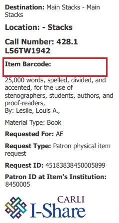 This screenshot shows a sample pick from shelf slip that neither includes a specific item barcode, nor specific item details. This indicates the request is for a title with multiple copies on the same holding.