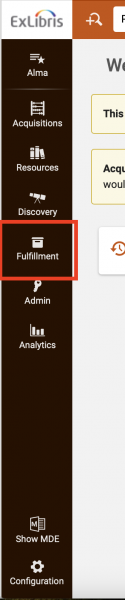 An image of a portion of the side navigation bar on the the main Alma screen with Fulfillment highlighted