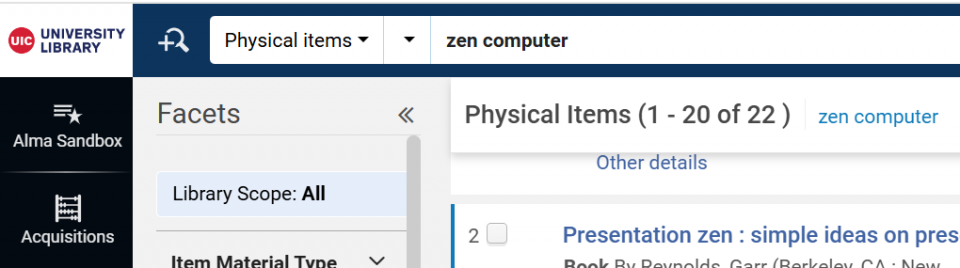 The persistent search box set to Physical Items search