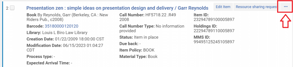 An image of an item record with the "more actions" ellipsis highlighted