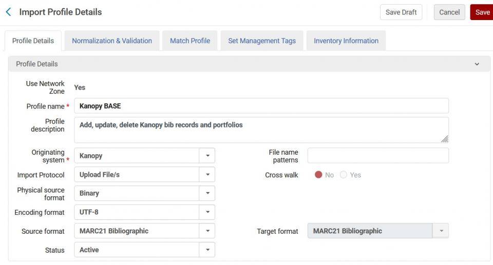 The profile details screen for the Kanopy Base import profile. The profile uses MARC records from Kanopy which are uploaded manually by staff.