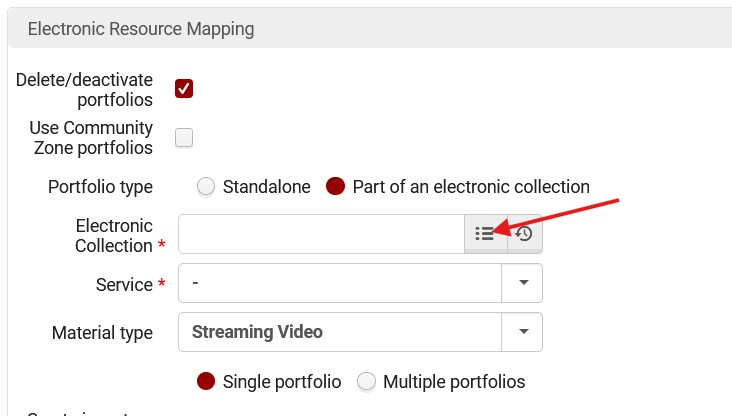 The electronic resource mapping section as it appears after selecting Part of an Electronic Collection, Delete/deactivate Portfolios, and Streaming Video. The arrow points to the "hamburger" or search menu button.