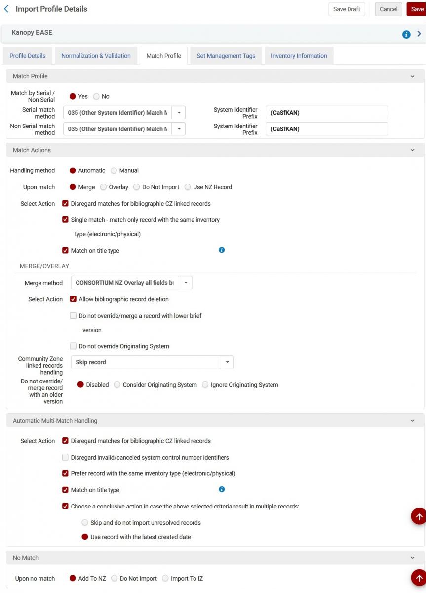 The match method screen of the Kanopy import profile uses the 035 (Other System Identifier) match method with System Identifier Prefix (CaSfKAN).