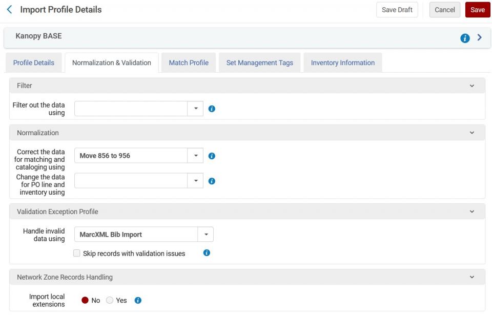 The normalization and validation tab includes a normalization rule that moves the 856 to a 956 for cataloging.