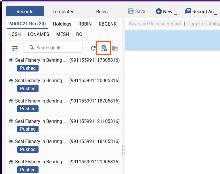 The Alma metadata editor record list shows twenty MARC21 Bib records are currently open, and a button to release those records is marked.