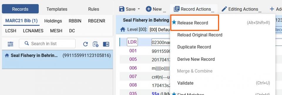 The Alma metadata displaying a record and the Record Actions menu expanded to show the Release Record function.