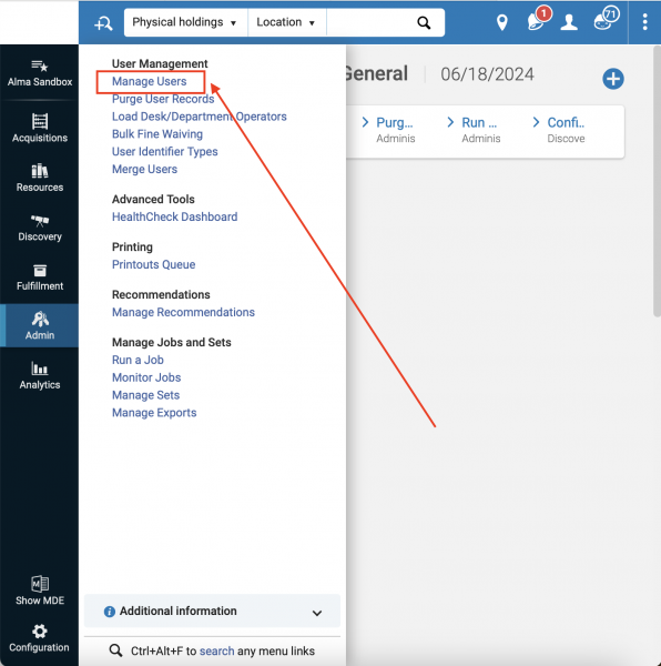 Screenshot showing the Admin> Manage Users menu.