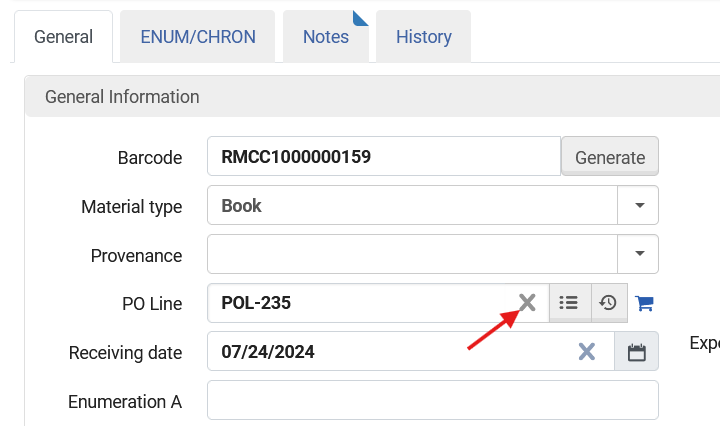 A portion of an Alma item record screen showing the Barcode, Material Type, Provenance, PO Line, and Receiving Date fields. Clicking the X in the PO Line field clears the field's contents.